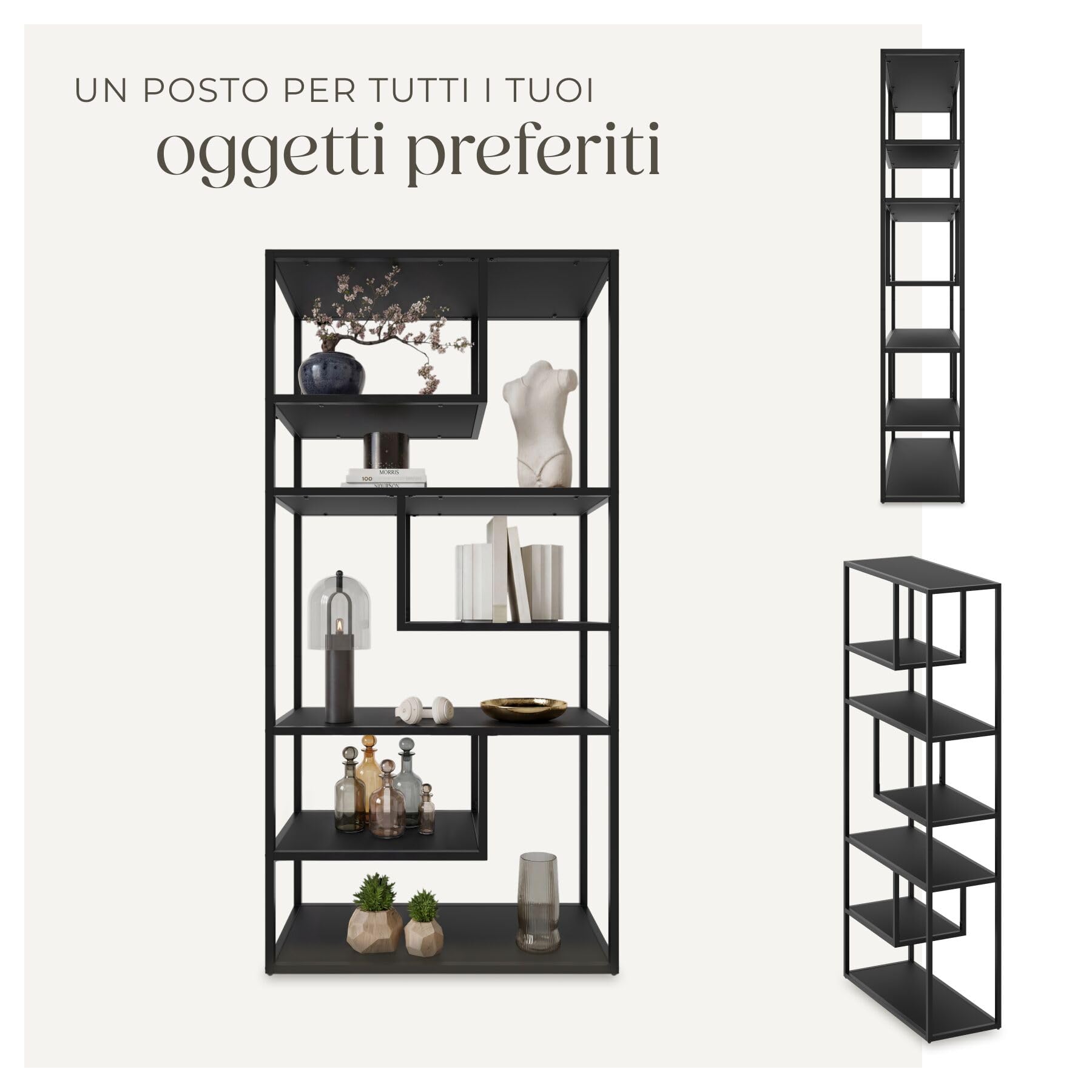 tectake® Scaffale Autoportante con 6 Scomparti, Libreria Scaffale con Ripiani in Metallo e Legno, Libreria Moderna, Libreria Industriale per Casa, Ufficio, Cucina, Garage, 85x35x188 cm - Nero