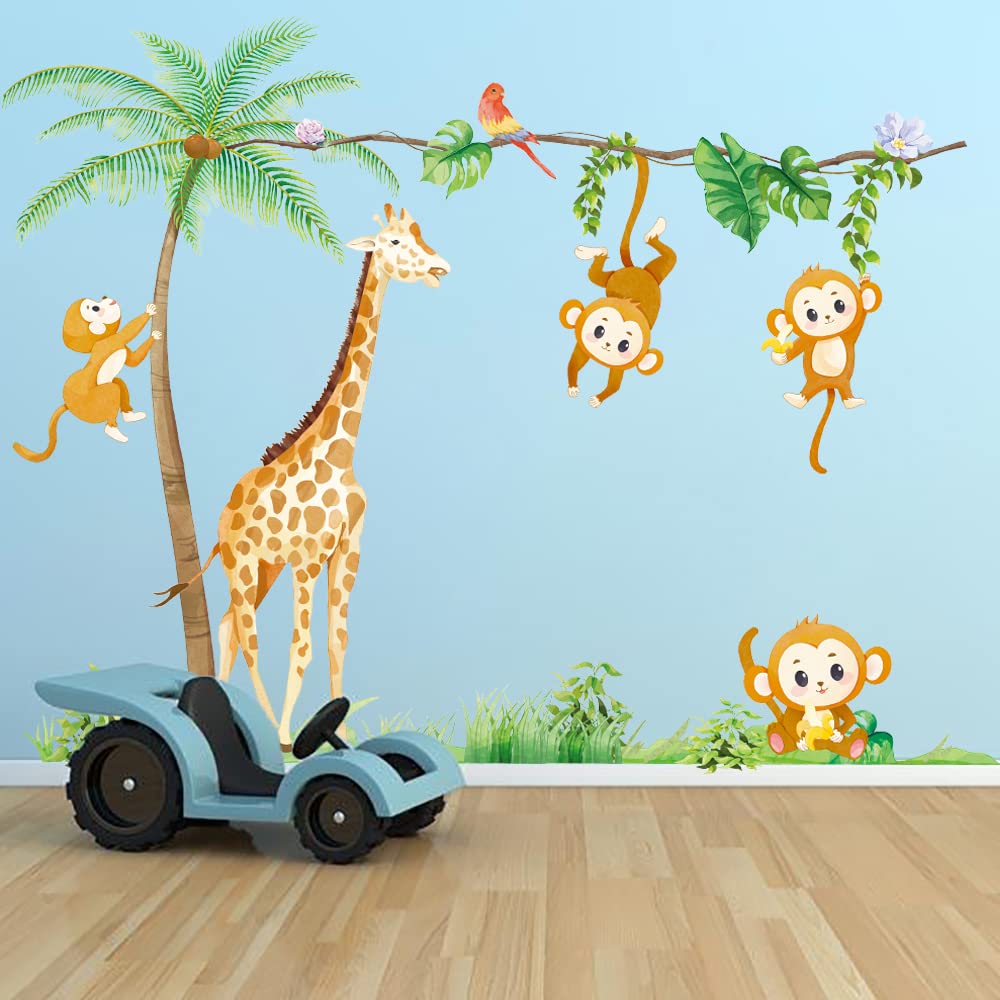 Runtoo Wandtattoo Waldtiere Palme Wandsticker Giraffe Affe Tiere Dschungel Wandaufkleber Kinderzimmer Babyzimmer