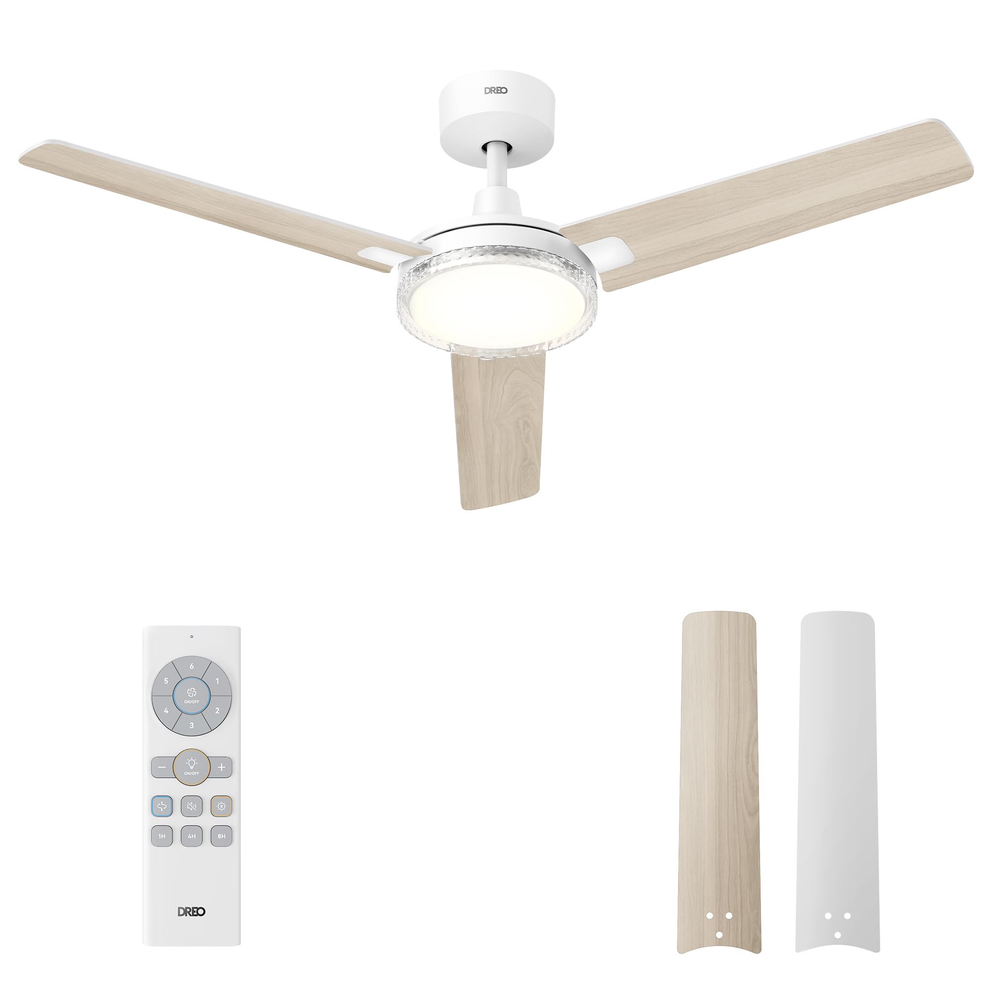 DREO ventilatore da soffitto con luce e telecomando 132 cm, ventilatore bianco, 5 temperature colore CCT, LED dimmerabile a 6 livelli, 6 velocità, motore CC reversibile silenzioso, timer 1/4/8 h