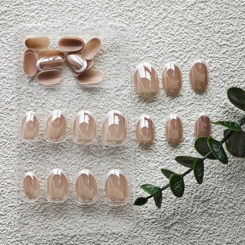 Image of 30Pcs Chrome Press on Nails Short Almond Fake Nails Glossy False Nail with Design White French Tip Glue on Nails Artificial Acrylic Full Cover Stick on Nail for Women Nail Art Decoration