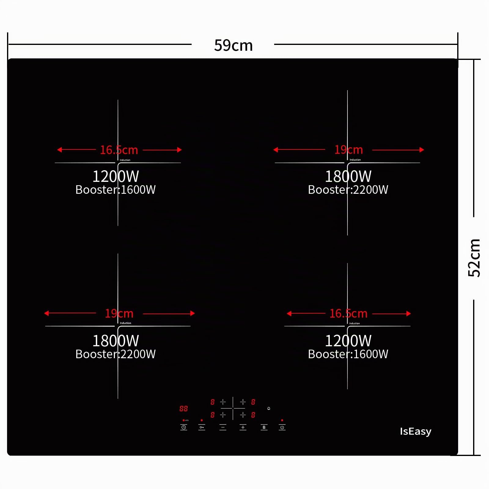 IsEasy Piano cottura a induzione a 4 zone con 9 livelli di potenza e timer da 1-99 min, funzione boost, piastra a induzione, forno a induzione con 4 piastre, 60 cm, 6800 W, nero