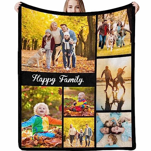 InterestPrint Custom Blanket with Text Picture Collage Happy Family Customized Blankets, Birthday Personalized Throw Blanket for Dad, Mom, Kids, Dogs, Friends or Lover