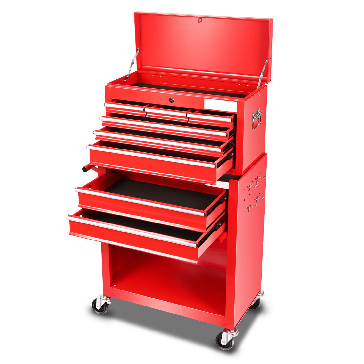 Auto Dynasty 2pcs 2-in-1 Tool Cabinet Set with Detachable Rolling High-Capacity Storage Organizer for Garage and Workshop Use, Red