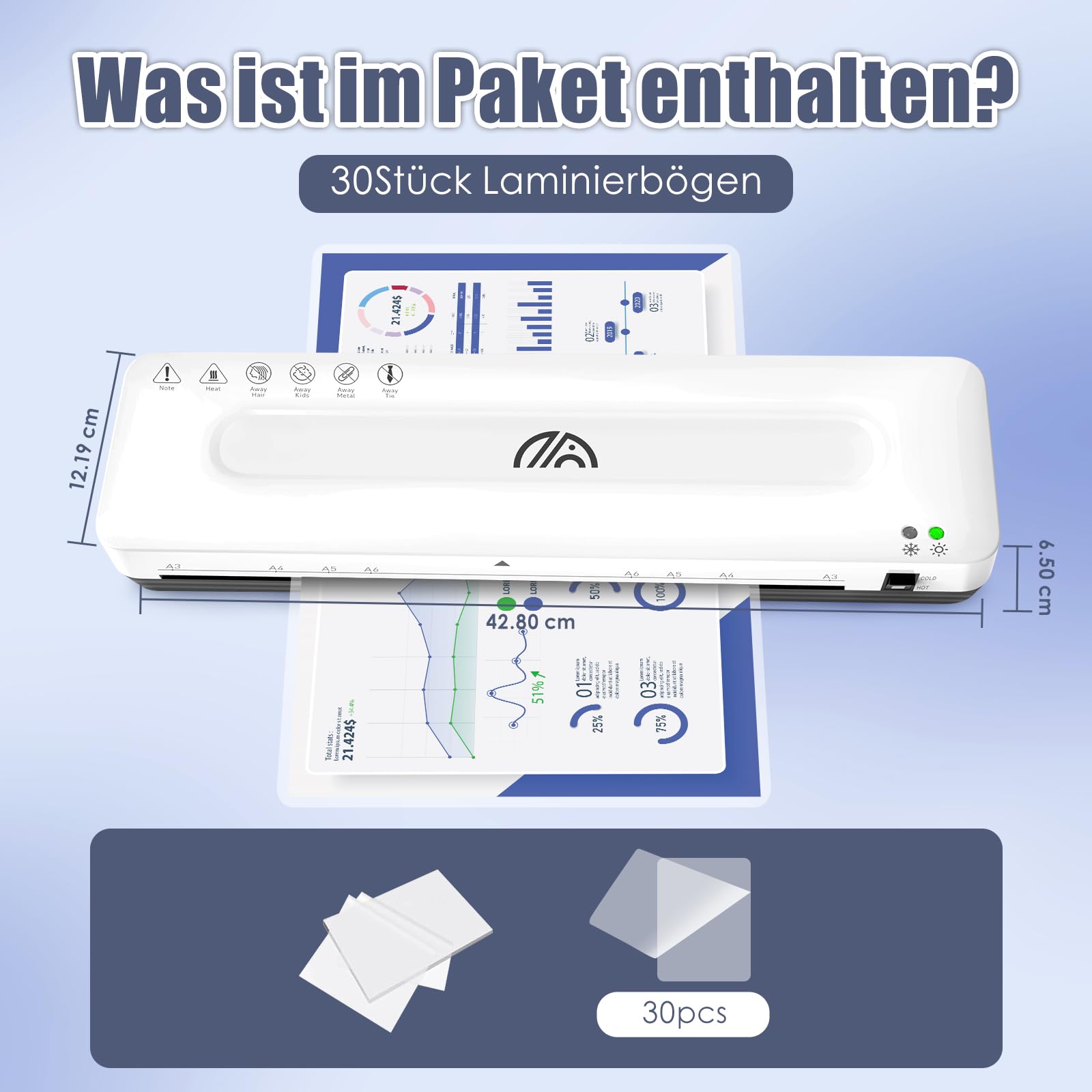 Laminator A3 z 30 foliami do laminowania A3, A4, A5, A6, 4 w 1, zimno i gorąco, do biura, szkoły