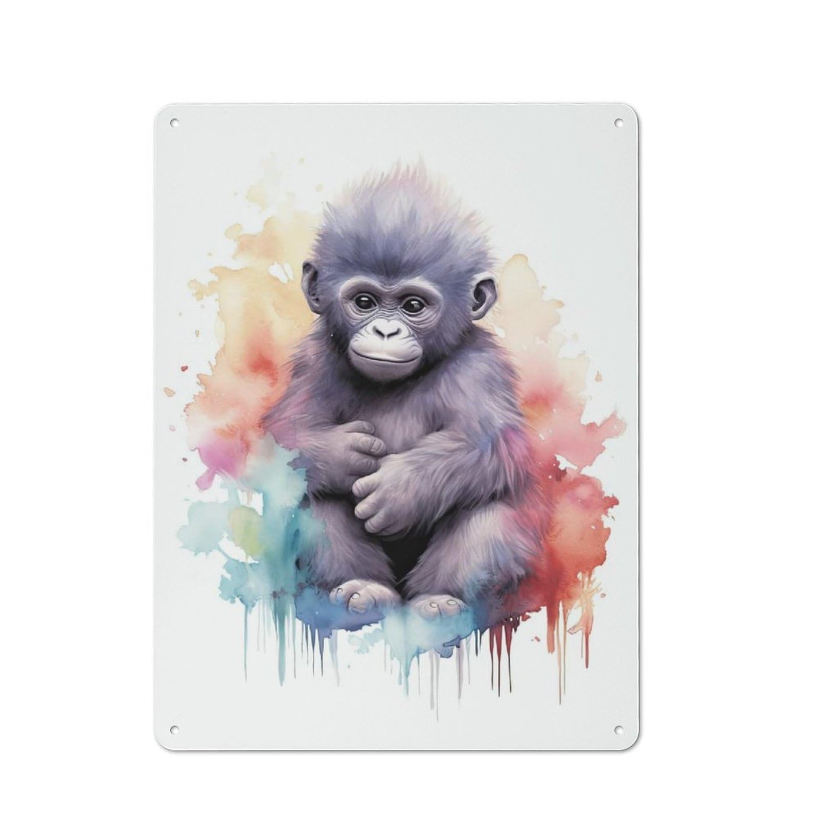 Decorative Tin Sign with Watercolor Baby Gorilla Design 40x30cm, Farmhouse Cottage Wall Art for Farmhouse Kitchen, Pantry Or Dining Area