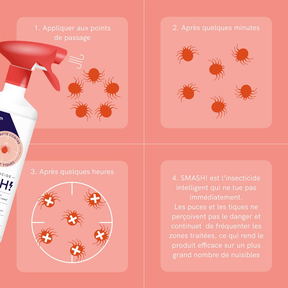 SMASH Spray Anti-Puces et Anti-Tiques pour Environnements et Tissus AMP 2 CL - Pour Utilisation à Domicile et en Extérieur - 2x500ml - Insecticide Sans Perméthrine