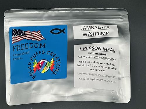 Freedom Freeze Dried Jambalaya with Shrimp, BIG PORTION Single Serving Meal, 3.5 oz, Cajun Spices, Camping, Hiking, Hunting, Prepper Meals, Survival Meals, Long Term Storage Meals, Freeze Dried Meals