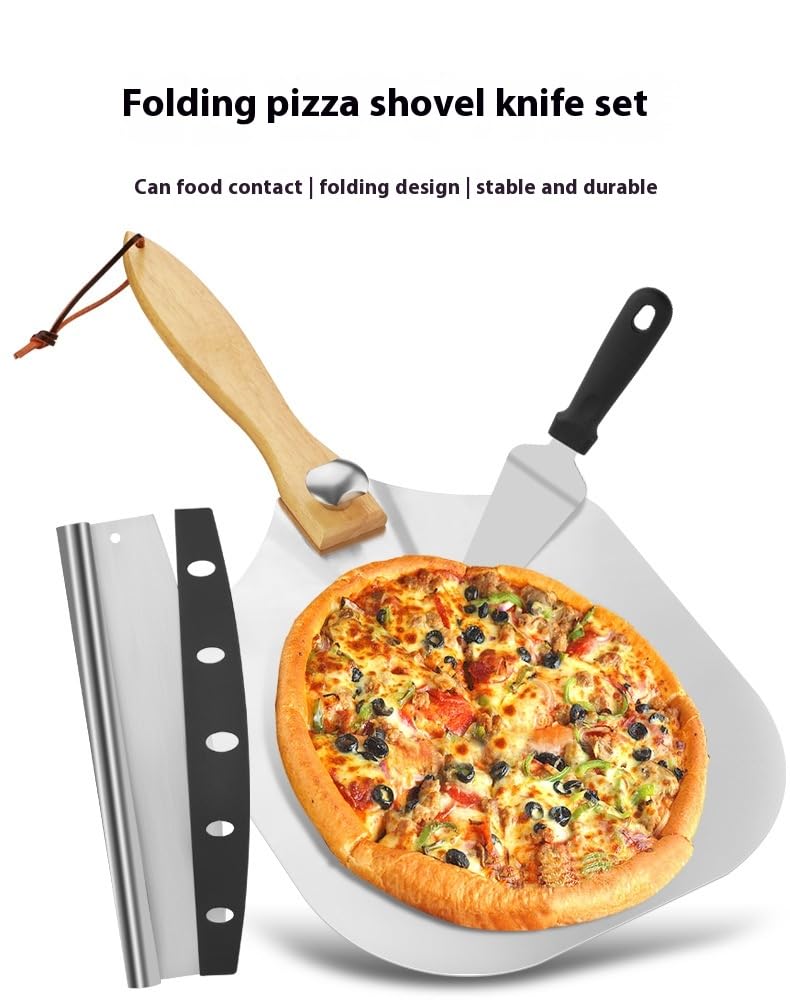 Aluminum Metal Pizza Peel with Foldable Wood Handle for Easy Storage, Pizza Spatula, Gourmet Luxury Pizza Paddle for Baking Homemade Pizza Bread with cutter (12 x 14 inch + 14 inch cutter)