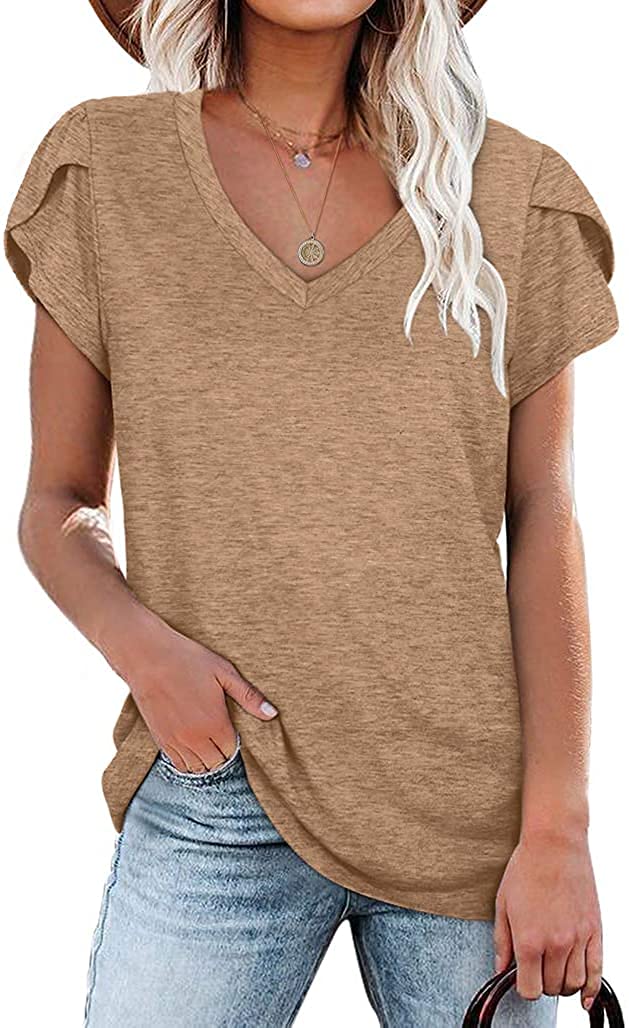 isermeo Womens Summer Tops Sexy V Neck Petal Sleeve Casual Solid Color Tee Tshirts S-XXL