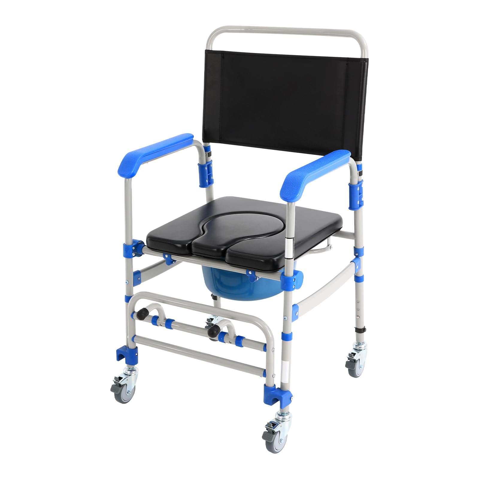 Silla de inodoro para personas mayores, plegable con ruedas, capacidad de carga de 125 kg y 4 ruedas de freno, altura ajustable (41-49 cm), para personas mayores y personas con movilidad reducida