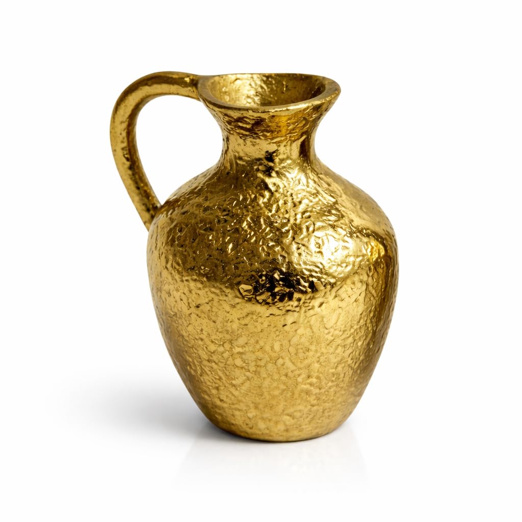 Brass Gold Decorative Metal Jug Vase – Hammered Aluminium Flower Vase with Handle | Tabletop, Shelf & Entryway Decor | 14 × 10 × 16 cm | 521 g-image-11