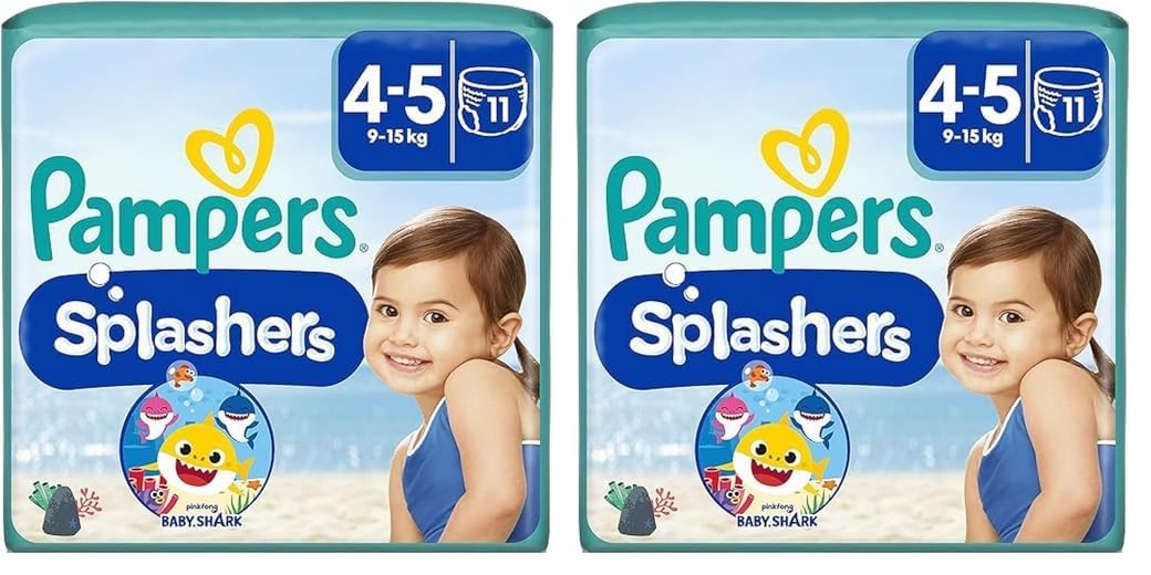 Pampers Windeln Größe 4-5, Splashers Baby Shark Limited Edition, 11 Stück, Einweg-Schwimmwindeln, für sicheren Schutz im Wasser (Packung mit 2)