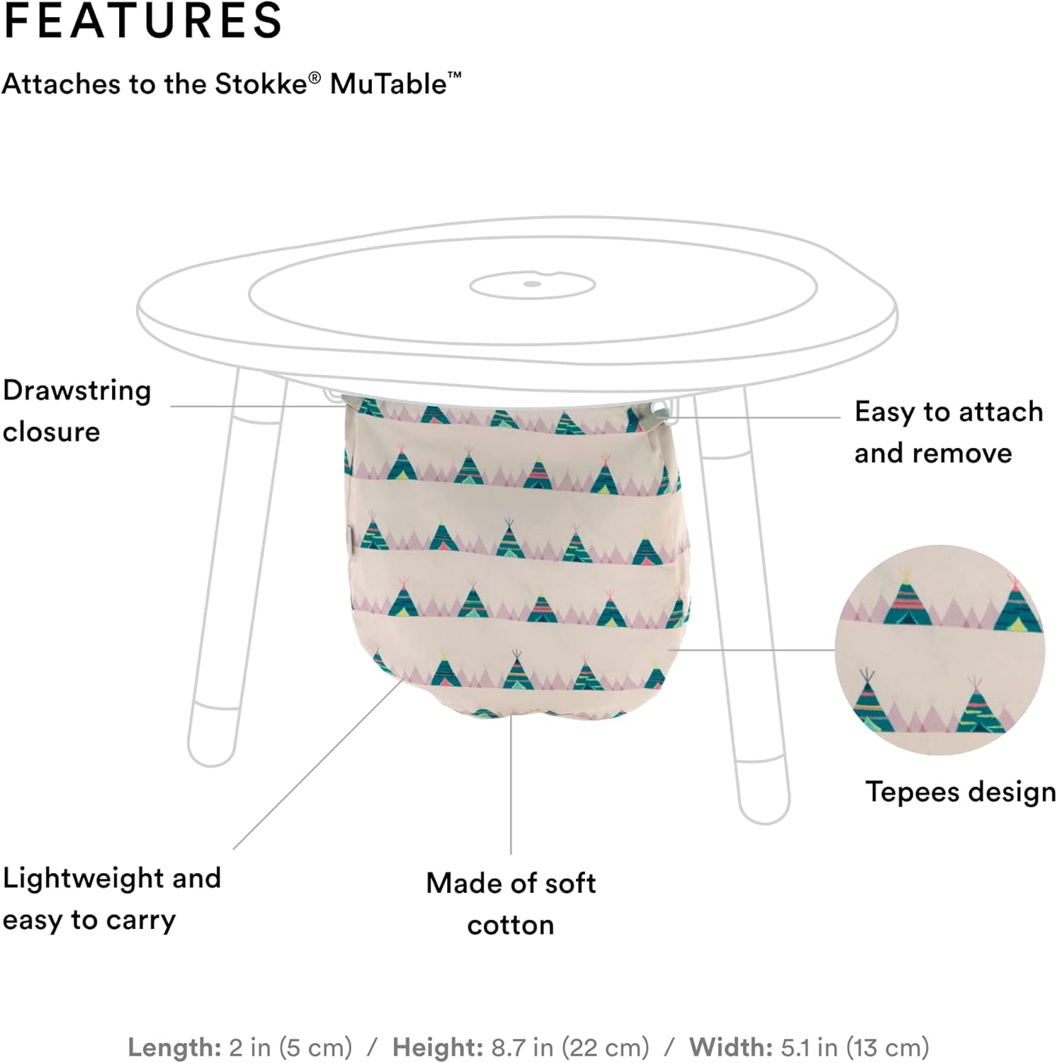 Stokke MuTable Cotton Bag, Tepees - Toy Storage Bag for Small to Medium-Sized Toys - Made of Soft Cotton - Lightweight, Easy to Carry