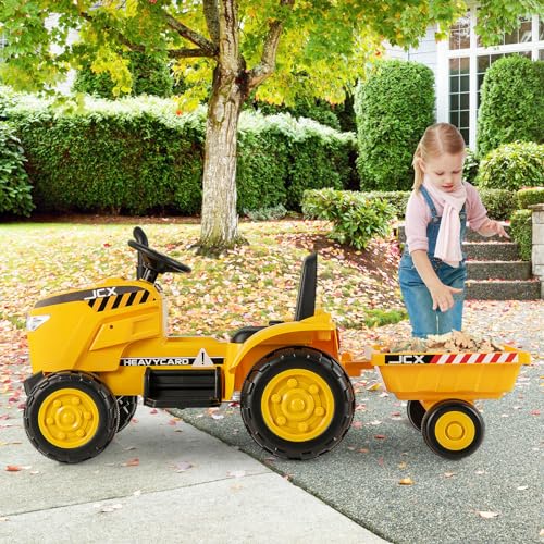 COSTWAY 12V Traktor mit Abnehmbarem Anhänger, Kindertraktor Elektrisch mit 2,4G Fernbedienung & Lichtern & Hupe & USB & MP3, Elektro Traktor für Kinder ab 3 Jahren (Gelb) – Bild 3