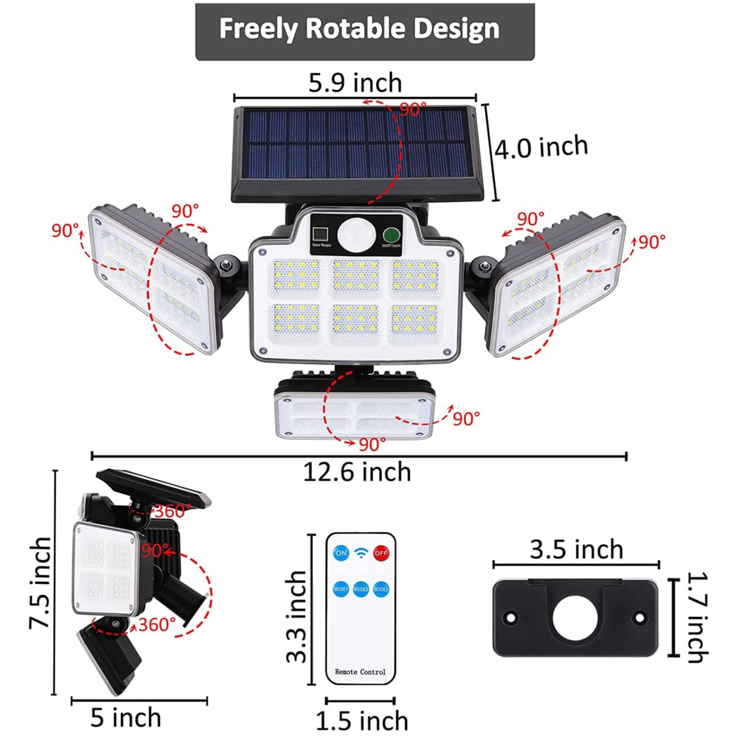 Luz Solar Exterior, 4 Cabezas 228LED Lampara Solar Exterior Con Mando A Distancia Focos Solares Con Sensor De Movimiento IP65 Impermeable Exterior Para Frente Jardin Garaje Camino Patio