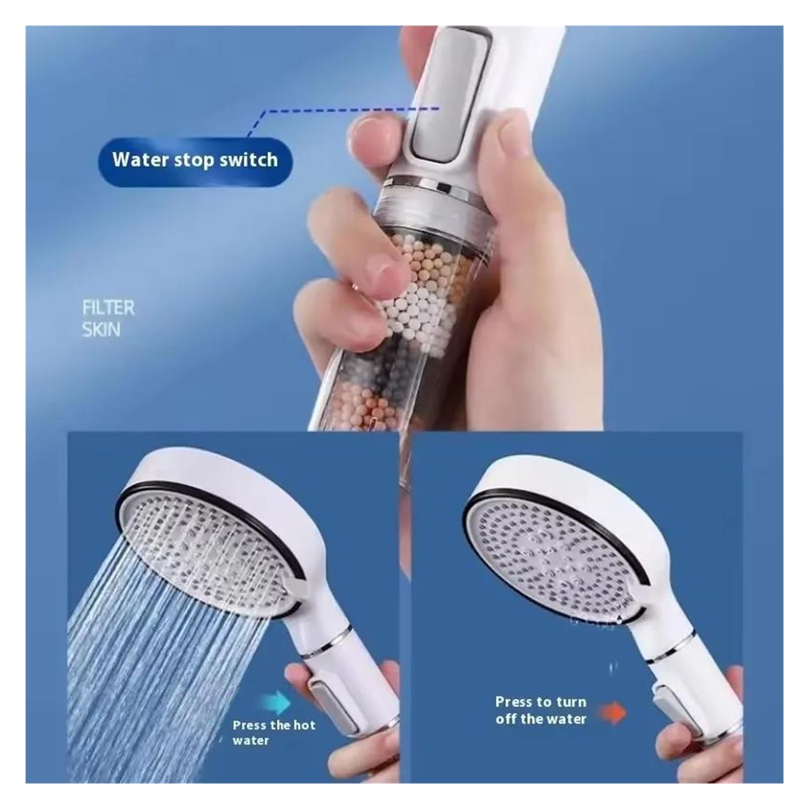 Soffione doccia per bagno con pulsante di arresto, soffione doccia con filtro a 5 modalità(Silver shower)