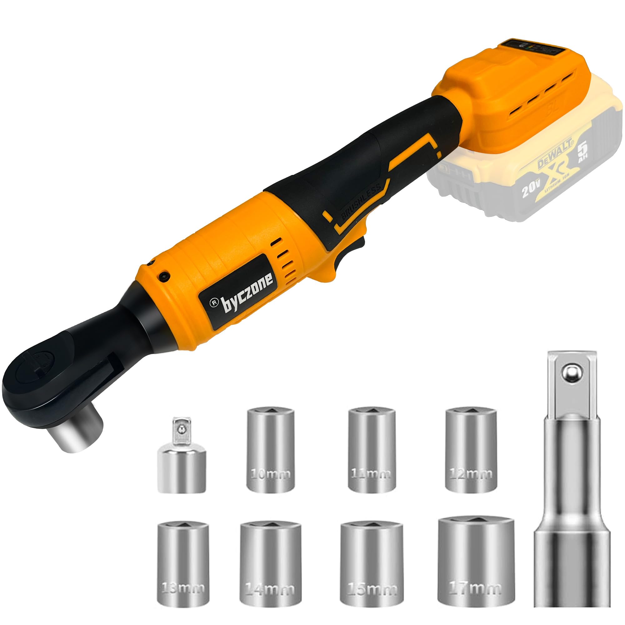 3/8" Brushless Ratchet Wrench Compatible with DEWALT 20V Battery, 74Ft-Lbs Electric Cordless Ratchet, Square Drive Wrench with Variable Speed, 1/4" Adapter, 3" Extension Bar & 7 Sockets (Tool Only)