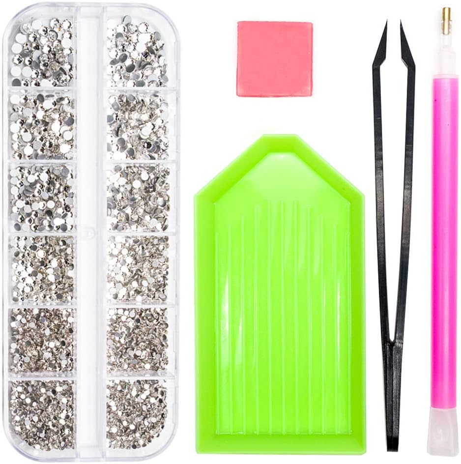 2320 Pieces Clear Rhinestones for Nails, SS4/5/6/8/10/12 Mixed Crystals Glass Nail Rhinestones, Flat Back Round Nail Jewels with Storage Organizer Box/Picker Pencil/for Crafts Face Art Clothes Shoes