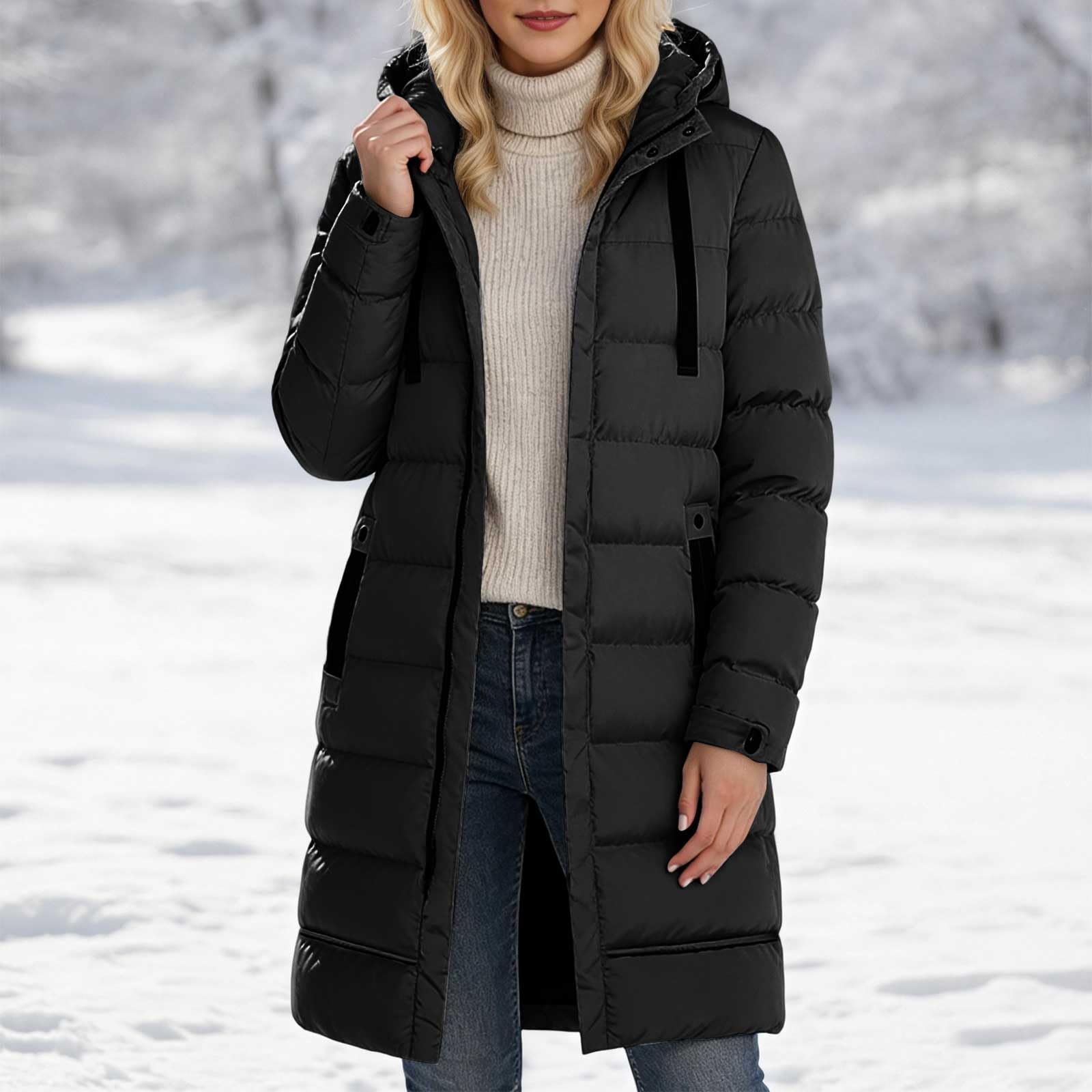 Generisch Wintermantel Lang Damen Warme Steppjacke Flauschige Jacke mit Kapuze Winter Mantel Winddicht Daunenjacken mit Taschen Winterjacke Full Zip Skijacke Puffer Jacken