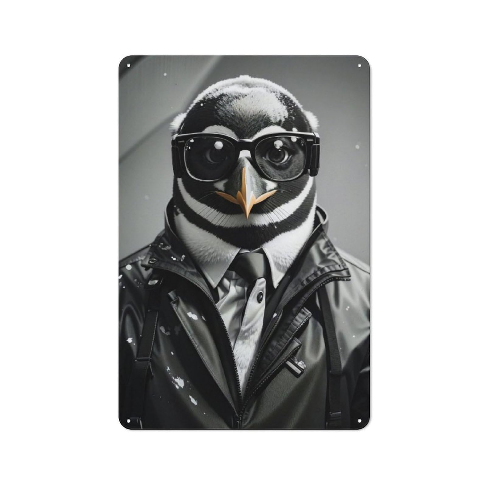 Junmoney Detective Penguin Bnw Retro Metal Gift Sign 30X20cm, Home Wall Decor For Flat, Dorm Room, Lounge Or Cafe
