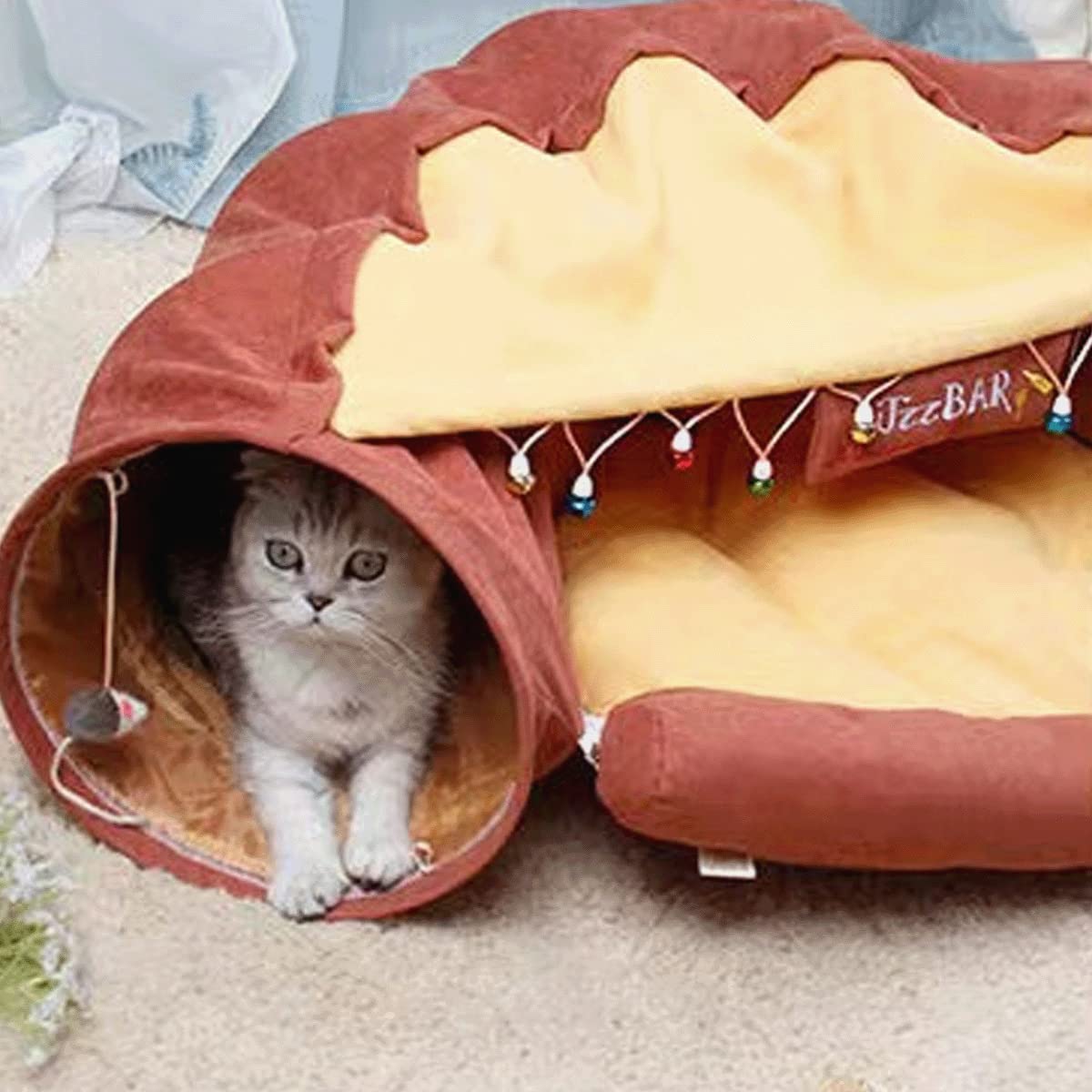 LEFTSTARER Túneles plegables 2 en 1 para gatos de interior, camas y escondite para mascotas, perros, conejos, hogar, tubos de túnel suaves, juguetes con alfombrilla extraíble lavable (barra)