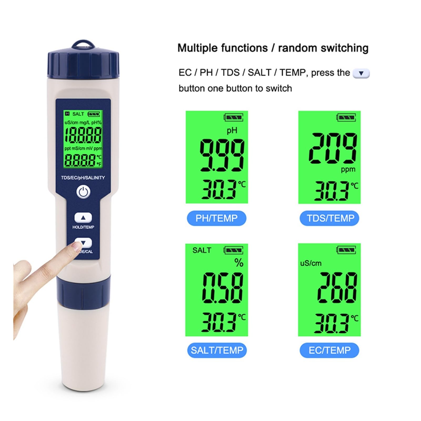 Tester di qualità dell'Acqua 5 in 1 Digitale TDS/EC/PH/Salinità/Temperatura for Piscine e acquari Uso Esterno