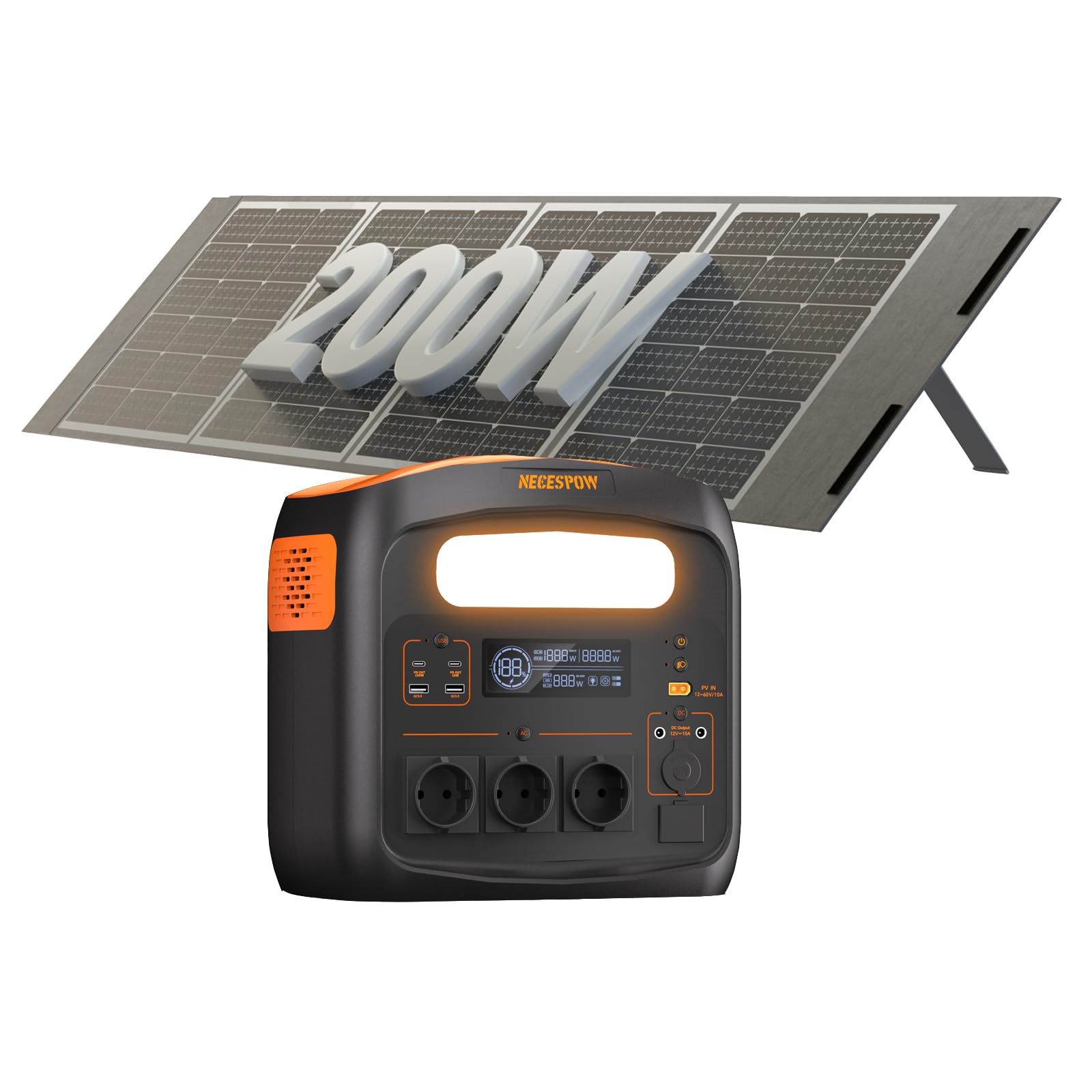 Solargenerator mit 200W Solarpanel, Tragbare Powerstation 1024Wh, 1800W, AC Steckdosen, PD100W, LiFePO4 Akku, für Camping, Wohnmobil, Stromausfälle, Outdoor