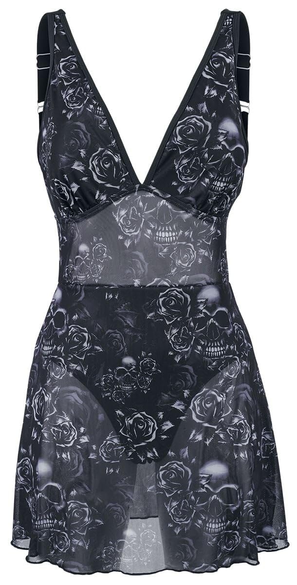 Black Premium by EMP Mujer bañador Negro Estampado Integral Calaveras Rosas