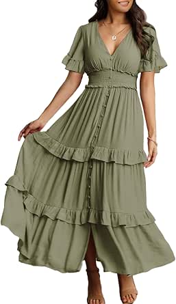 Amegoya Women's V Neck Long Sleeve Boho Maxi Dress