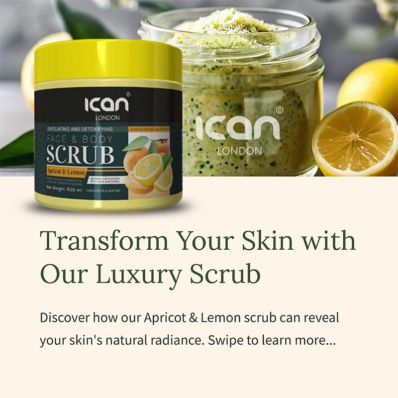 ICan London Apricot & Lemon Face & Body Scrub, Exfoliating and Detoxifying, 500ml, 368 g (Pack of 1) - Image 2