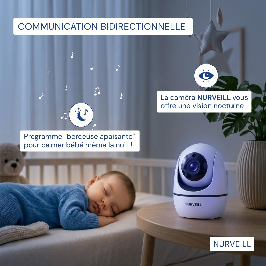 Babyphone Camera 360° Sans WIFI 5 Pouces HD Vision Nocturne Bruits blancs et Berceuses intégrées Détection VOX Audio Bidirectionnel Camera bebe Surveillance longue portée Moniteur Bébé Vidéo.