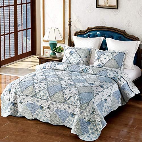 VIVILINEN Blue Patchwork Quilt Set Full Queen Size Reversible Quilted Bedspread Coverlet Set 3-Piece Floral Lightweight Comforter Stitched Bedding Set Bed Sheet Set Cover Blanket with 2 Pillow Shams