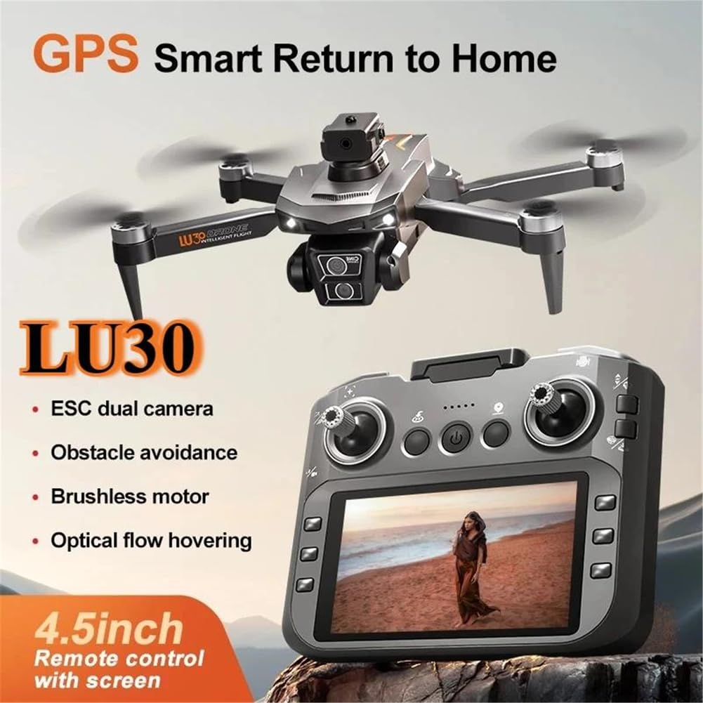 Dual Battery,Drone lu30 Professionale 8k GPS brushless HD con Telecamera, Schermo da 4,5'', Telecomando, Fotografia Aerea, Drone per Evitare Gli Ostacoli