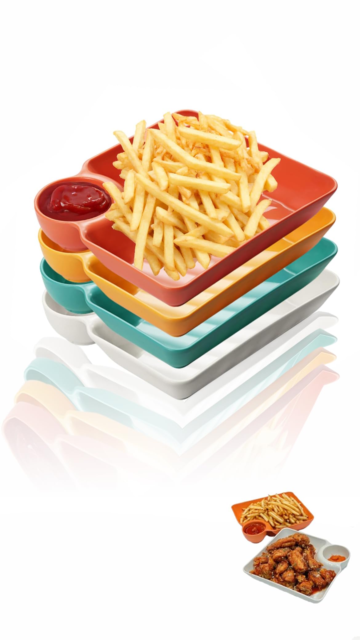 Chip and Dip Serving Platter Set - 4 Pcs Divided Party Trays, 7.3'' x 6.7'' Snack Bowl Dishes for Entertaining, Wine Dine Appetizer Plates, Reusable Dumpling Plate with Sauce Holder for Buffet Parties