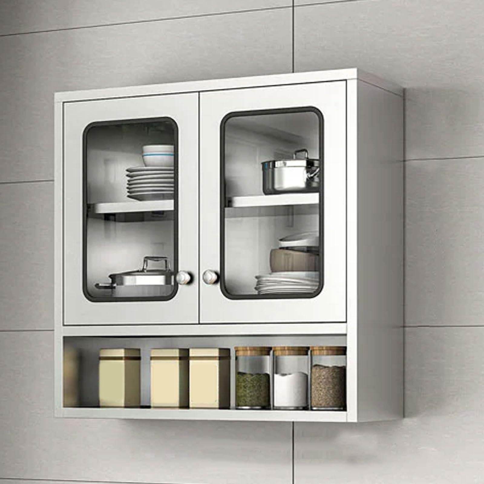 Armario de almacenamiento de metal de acero inoxidable de 2 puertas con puertas magnéticas, estantes ajustables, capacidad de 35 kg, ideal para cocina o garaje (80 x 30 x 70 cm)