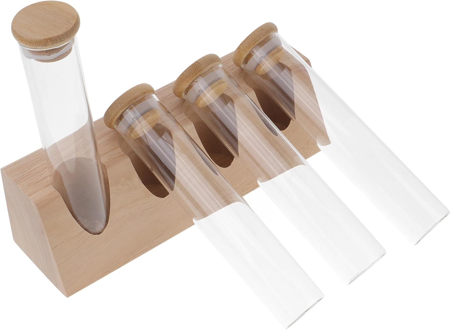 Wakauto Glass Coffee Bean Storage Tubes Set with Small Glass Flat-bottom Airtight Jars and Wooden Base for Coffee, Tea, and Grain Organization in Kitchen Pantry