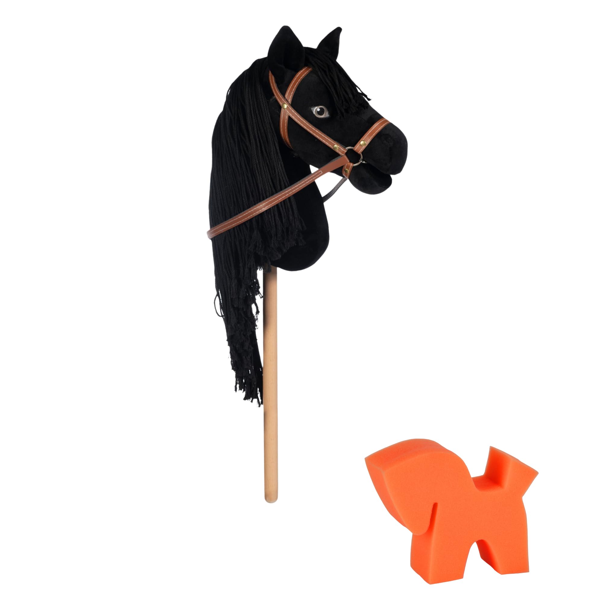 RL24 - Hobby Horse Pferde Mini von HKM Kids inkl. Putzschwamm – Steckenpferd – Spielpferd mit Holzstock, Mähne & Trense – Stockpferd ohne Griffe & Rollen – schwarz (Donner)