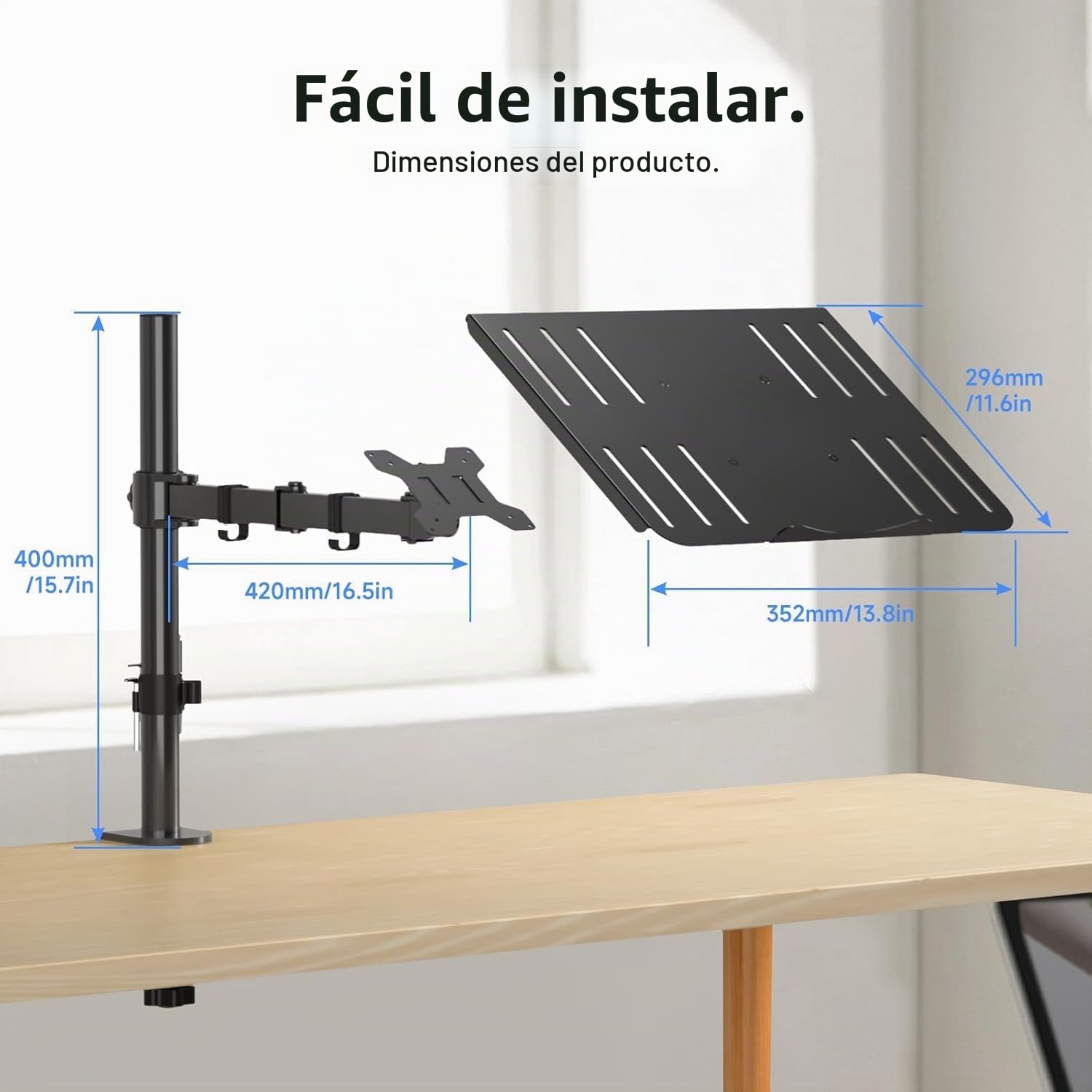 suptek Soporte 2 en 1 de Monitor y Portátil: Brazo Articulado para Pantallas 13-27" y Laptop hasta 15.6", Bandeja Ventilada, Carga 10kg, Altura Ajustable y Giro 360° (MD6421TP004)