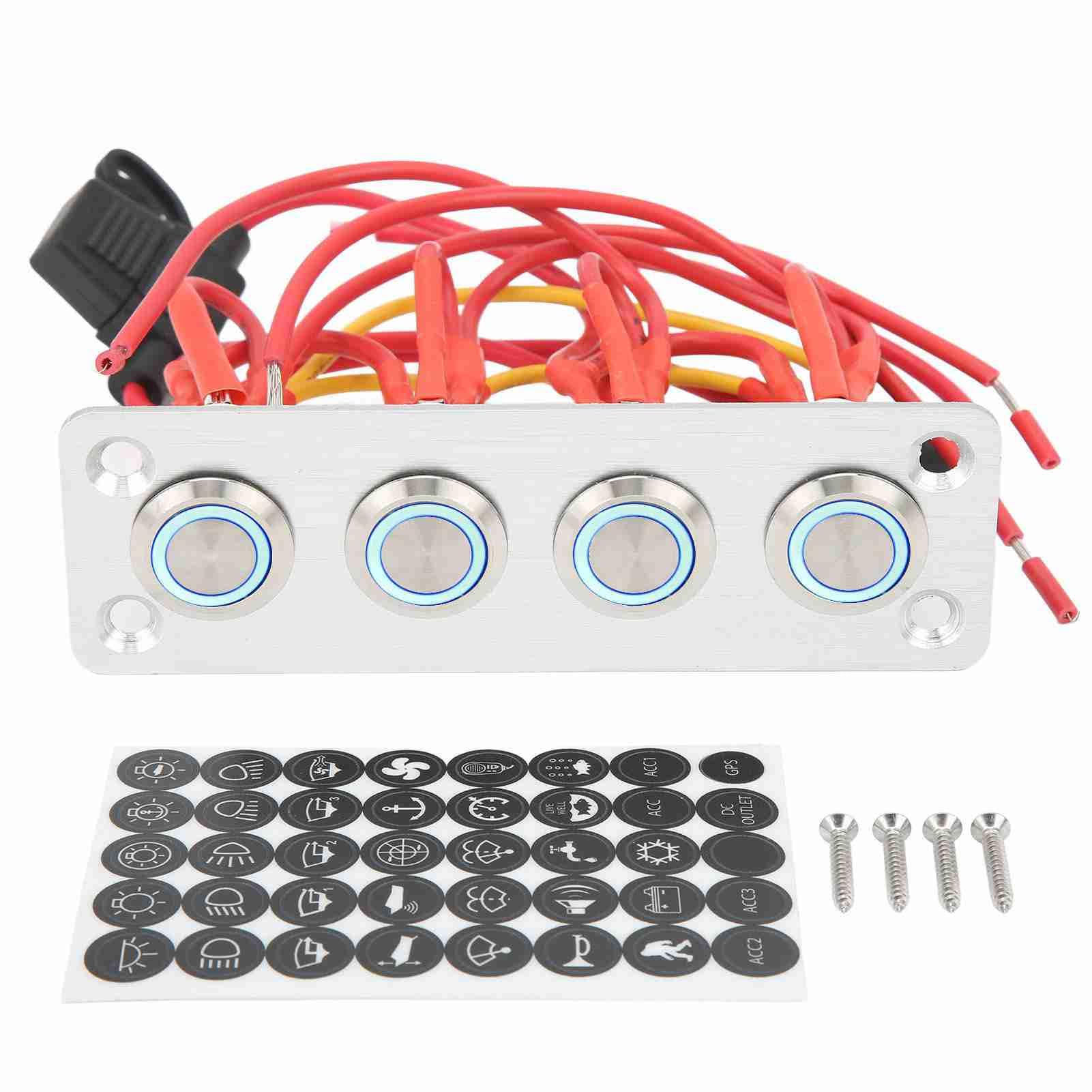 Tbest Panneau de Commutation pour Bateau Marin, 4 Boutons Marche/arrêt, DC 12V, 16a, Bouton en Acier Inoxydable avec Lumière Bleue pour Camion et Yacht