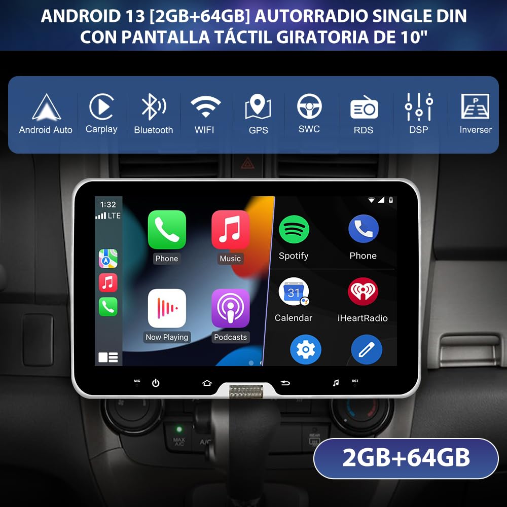 Junsun Android 13 Radio Coche 1 DIN, 10" Pantalla Táctil Giratoria con CarPlay, GPS, Bluetooth/29UI con Botón Deslizante