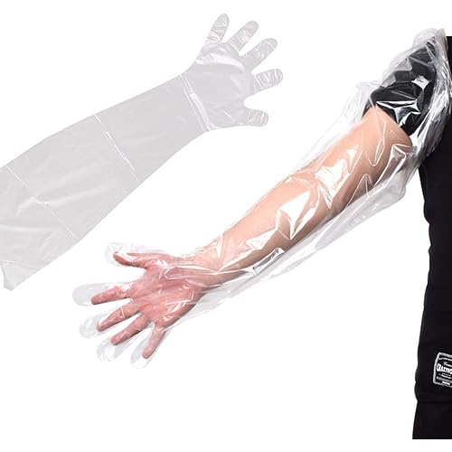 Anxingo 50Pcs Disposable Plastic Veterinary Insemination Rectal Long Arm Gloves for Field Dressing Gutting 35 inch Length