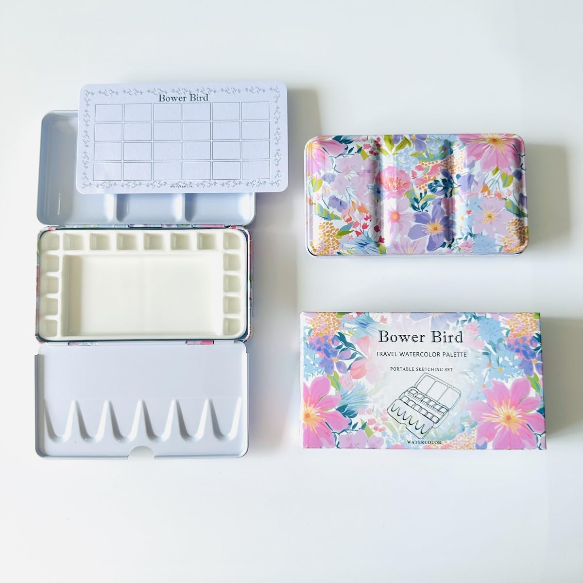 Bower Bird White Travel Watercolor Palette,Portable Ceramic Palette,Empty Paint Palette,Small Travel Metal Paint Boxwith Porcelain Palette (16Well)