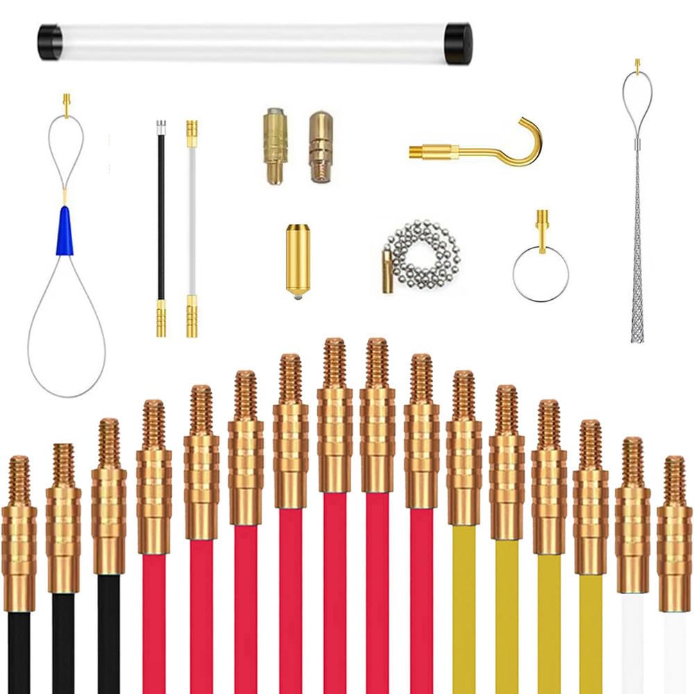 Ccarzzi 16M/52.5FT Cable Access Rod and Attachments Accessories Kit with 16 x 1M Rods, Hook and Hole Kit in Transparent Tube, Wire Running Kit