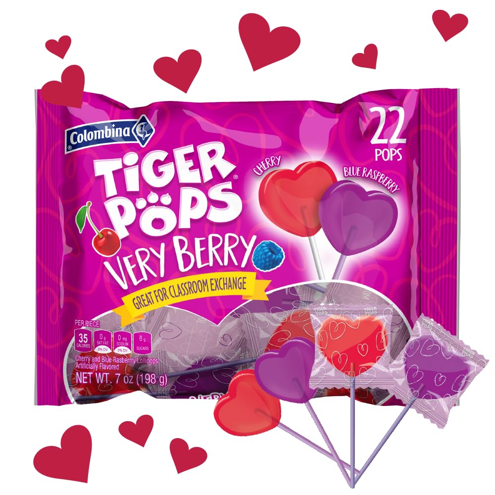 Colombina Very Berry Tiger Pops, Cherry And Blue Raspberry Flavored, Individually Wrapped Lollipops, Perfect for Class Exchange and Valentine's Day Gifts, 22 Count (Pack of 1)