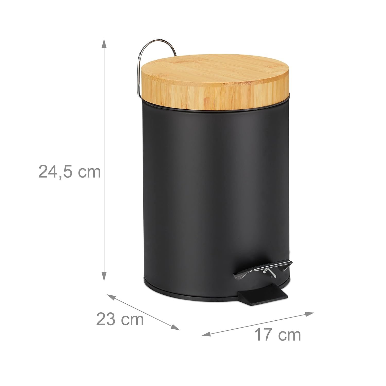 Relaxdays Bathroom Bin, 3 litres, Cosmetic Bin, Soft-Close Mechanism, Bamboo Lid, Removable Inner Bucket, Pedal Bin, Black, Iron