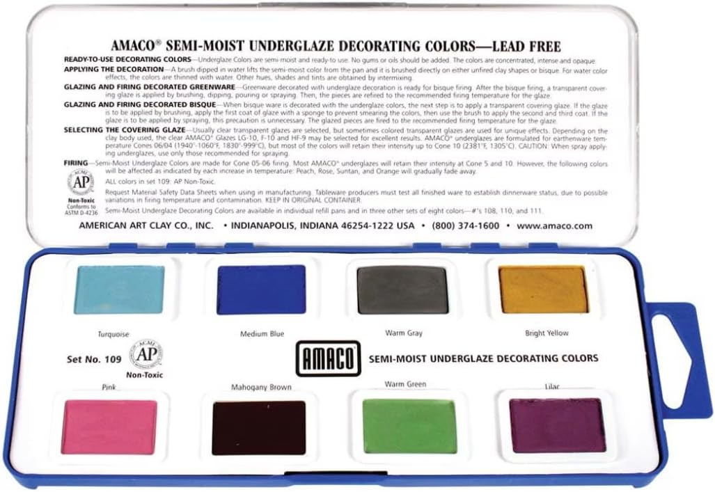 Semi-Moist Underglazes 8-Count Set No. 2 (#109), 8 Assorted Decorating Colors in Watercolor-Like Pans, Low/Mid-High Fire Cone 05-6 (SMUG) Ceramic Pottery Underglazes for Unfired Clay and Bisque