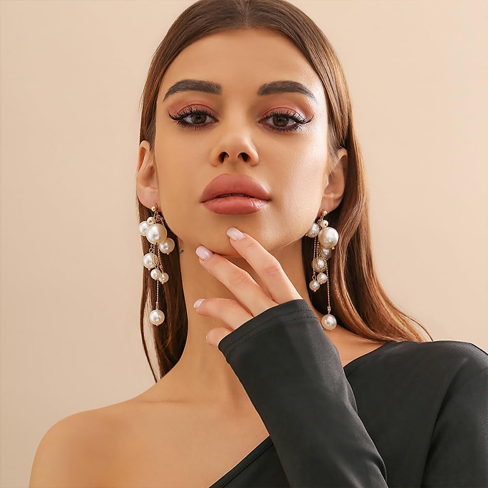Statement Beaded Pearl Dangling Earrings for Women, Cute Gold Beads Pearls Drop Dangle Earring Long Tassel Stud Y2K Prom Party Jewelry Aesthetic Gift - Image 3