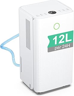 Deshumidificateur d Air 12 Litres/24h, Déshumidificateur Électrique avec 3 Modes, Silencieux, Minuterie de 24h, Drainage Continu, Roues 360°, Efficace Contre l'Humidité pour Maison/Appartement/Cave