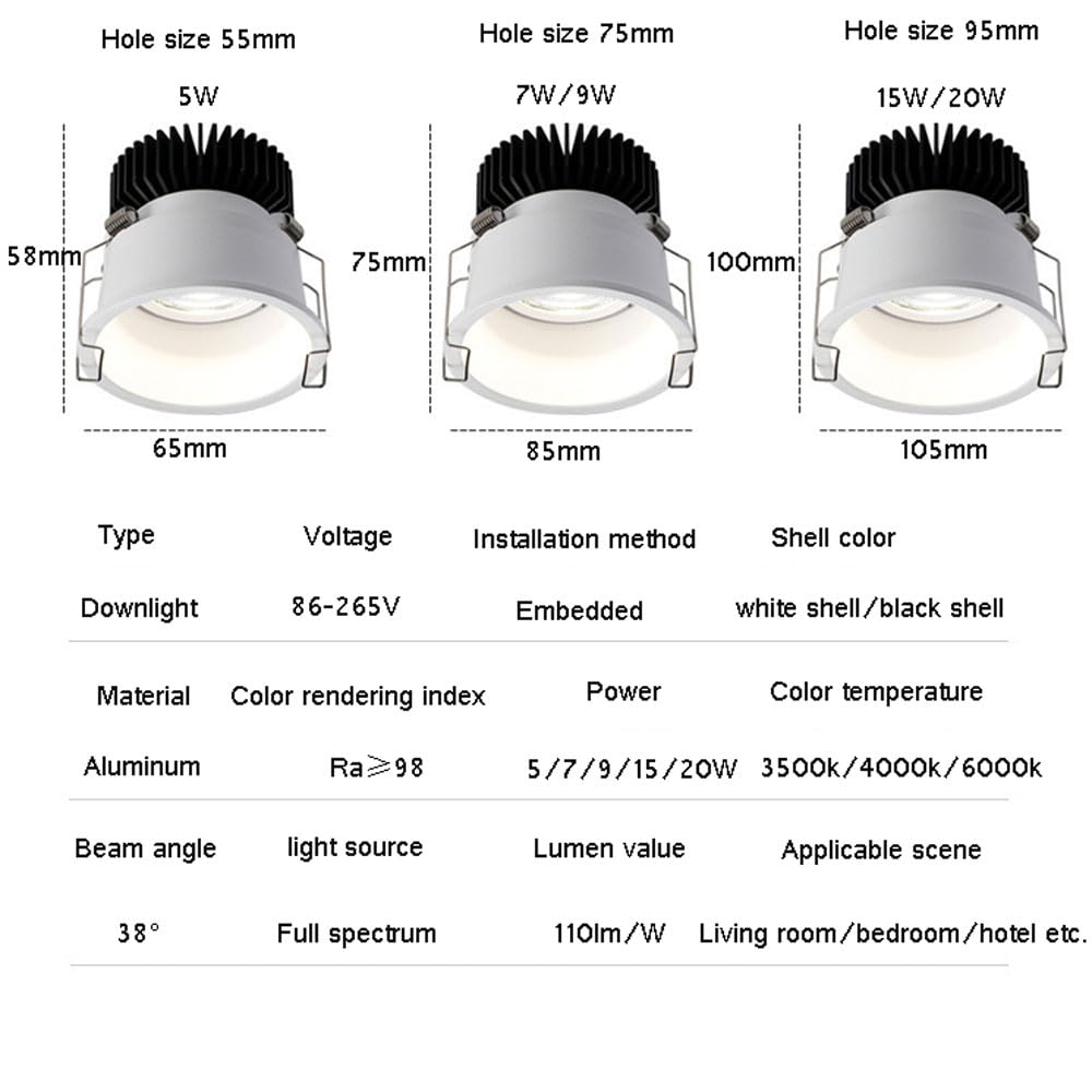 Faretti da Incasso a LED, 5W, 7W, 9W, 15W, 20W, 3Cct selezionabili 3500K-6000K, Cri98, faretti da soffitto a LED/5W/3500K