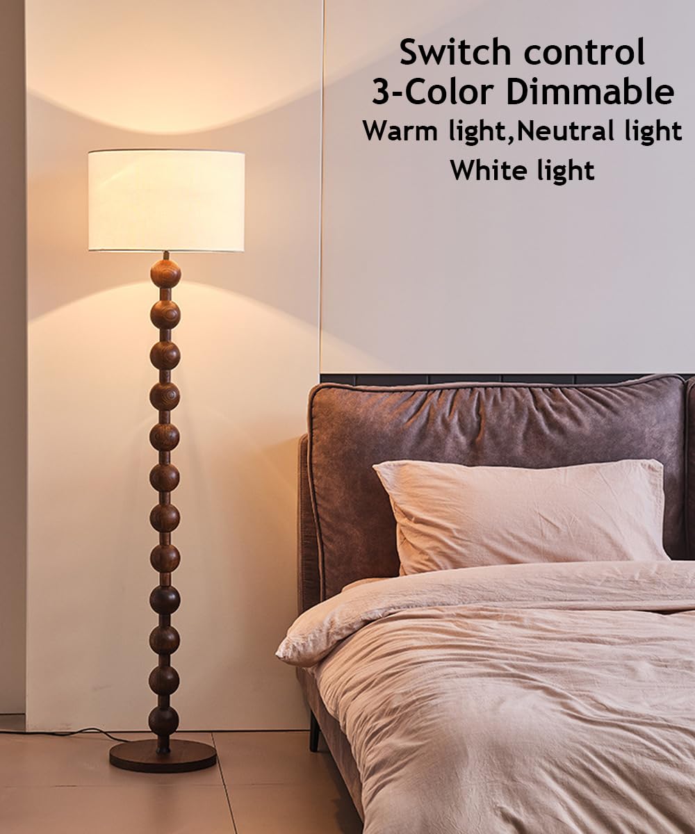 Okrągła drewniana lampa podłogowa w stylu połowy wieku, 160 cm, z lnu z diodami LED E26, możliwość ściemniania, z tkaniny, idealna do czytelni, biura, salonu lub sypialni.